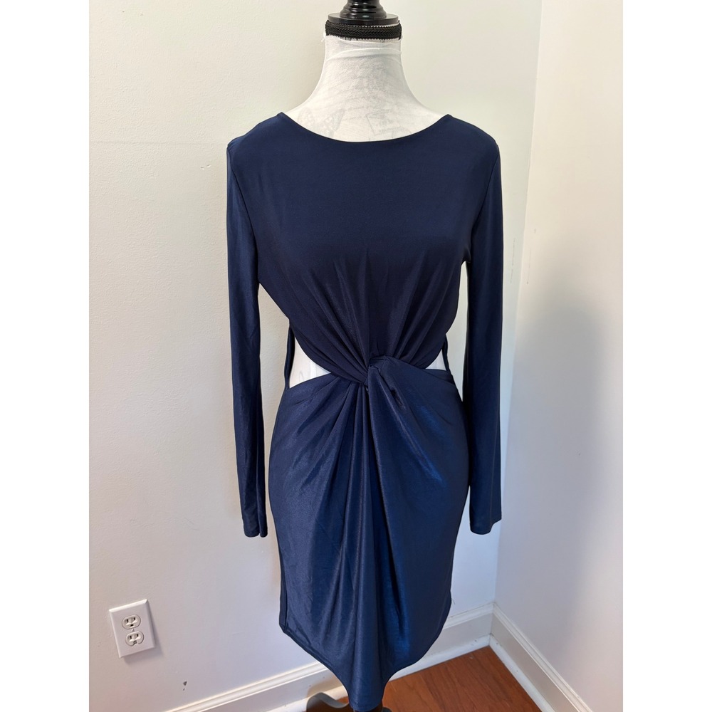 Missguided Bodycon Dress Women 10 Navy Blue Cut Out Knot Front Slinky Mini Night